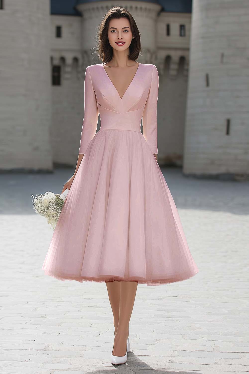 Ivory V-Neck A-Line Satin Engagement Dress With 3/4 Sleeves