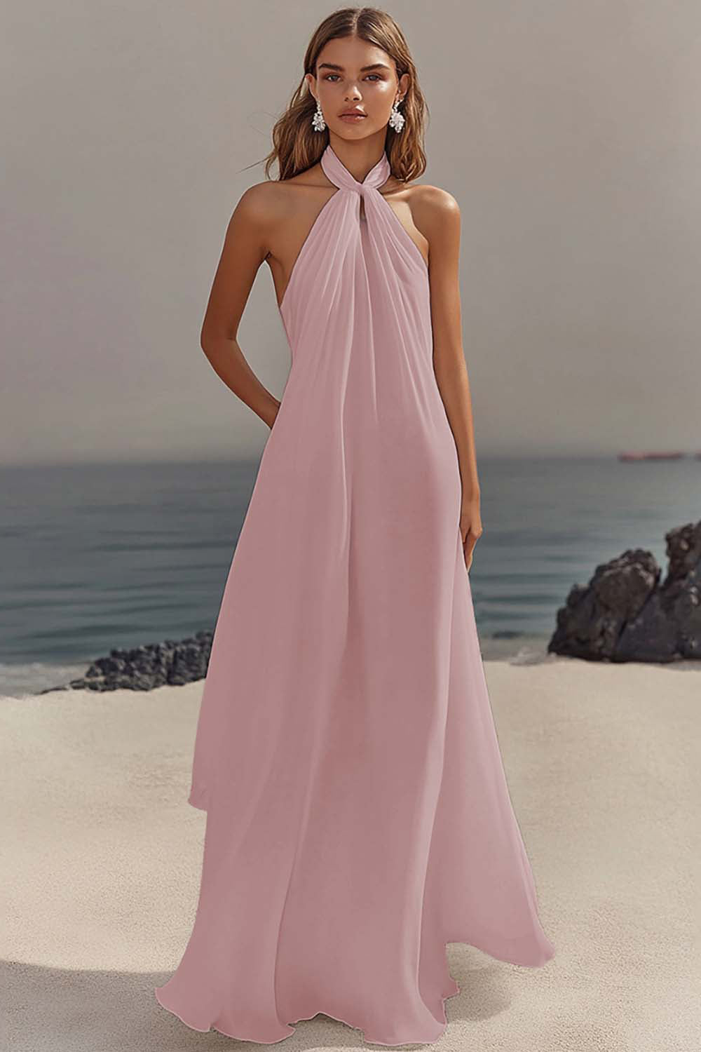 Simple White Halter A Line Chiffon Engagement Dress