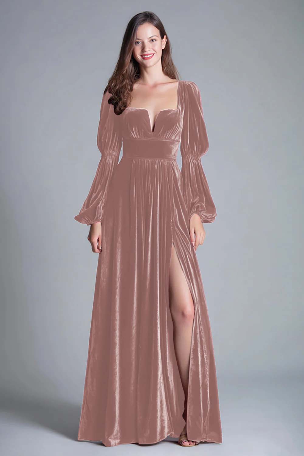 Burgundy A-Line Long Sleeve Velvet Holiday Party Dress With Slit