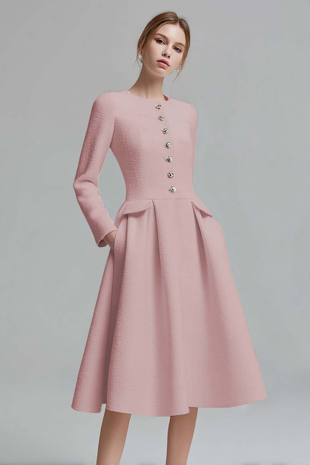 Ivory A-Line Midi Work Dress with Long Sleeves