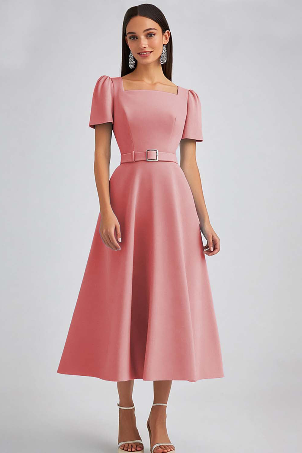 A Line Sky Blue Square Neck Midi Work Dress with Belt