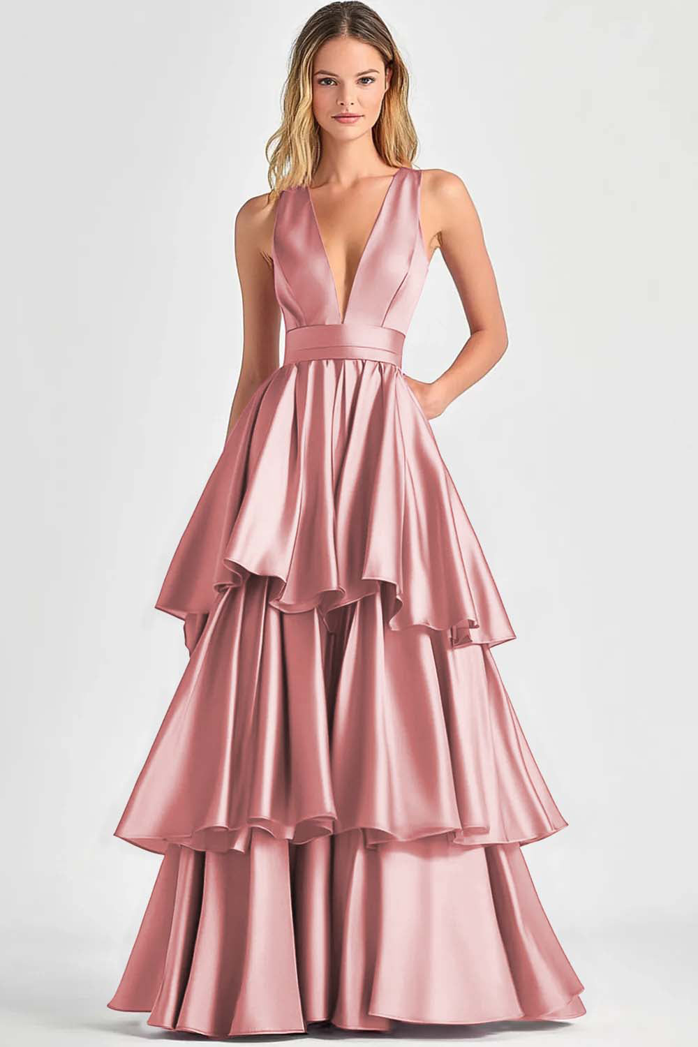 Tiered V Neck Fuchsia A Line Formal Dress
