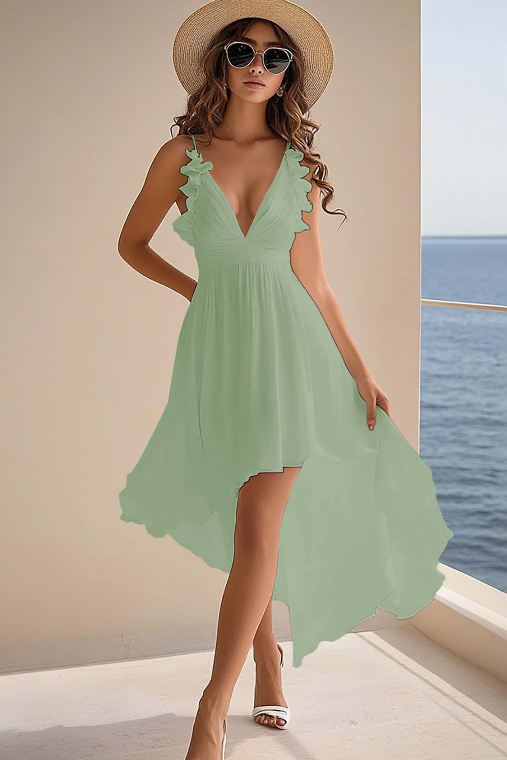 Ruffled White V Neck Asymmetrical Holiday Party Dress