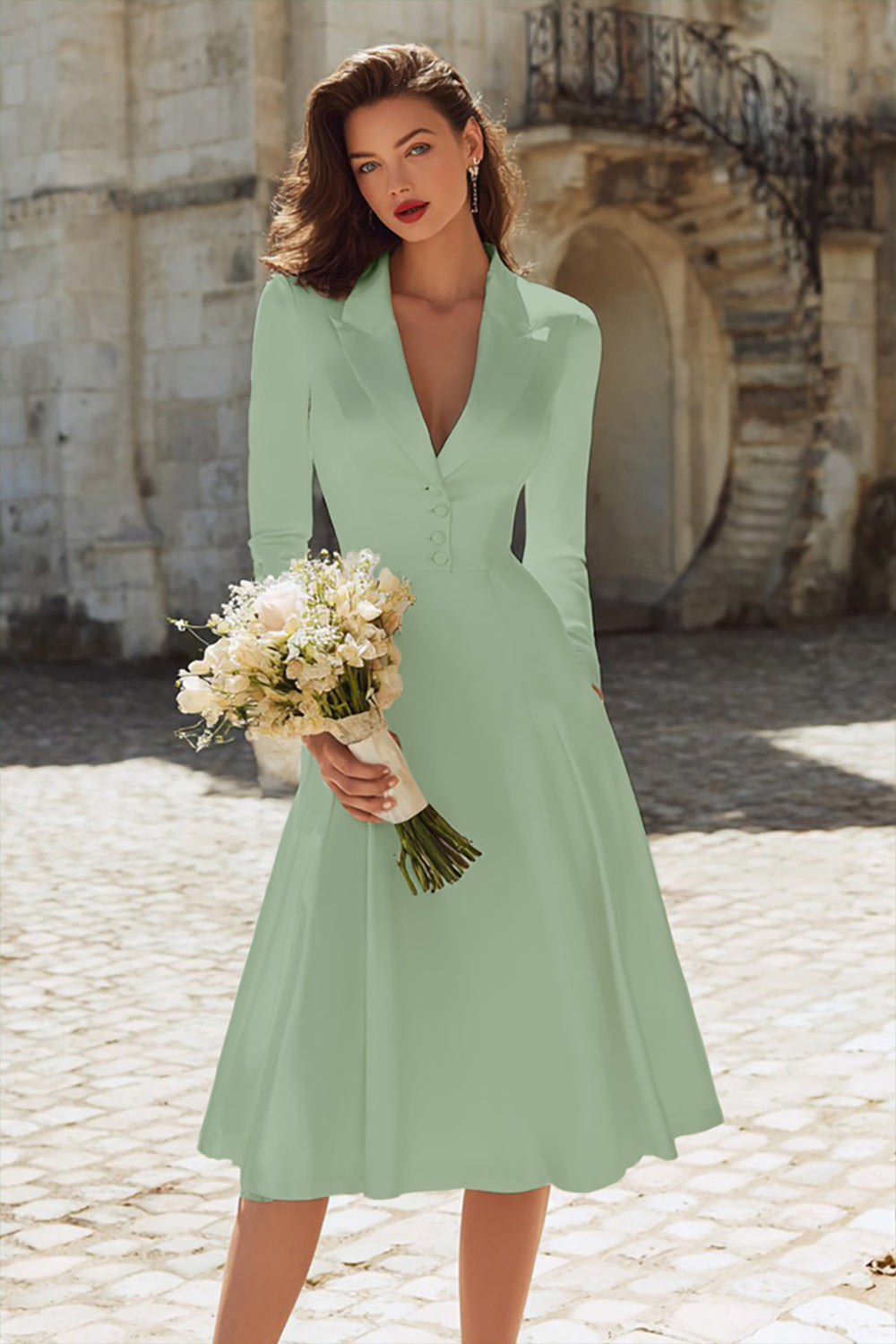Ivory A-Line Satin V-Neck Engagement Dress