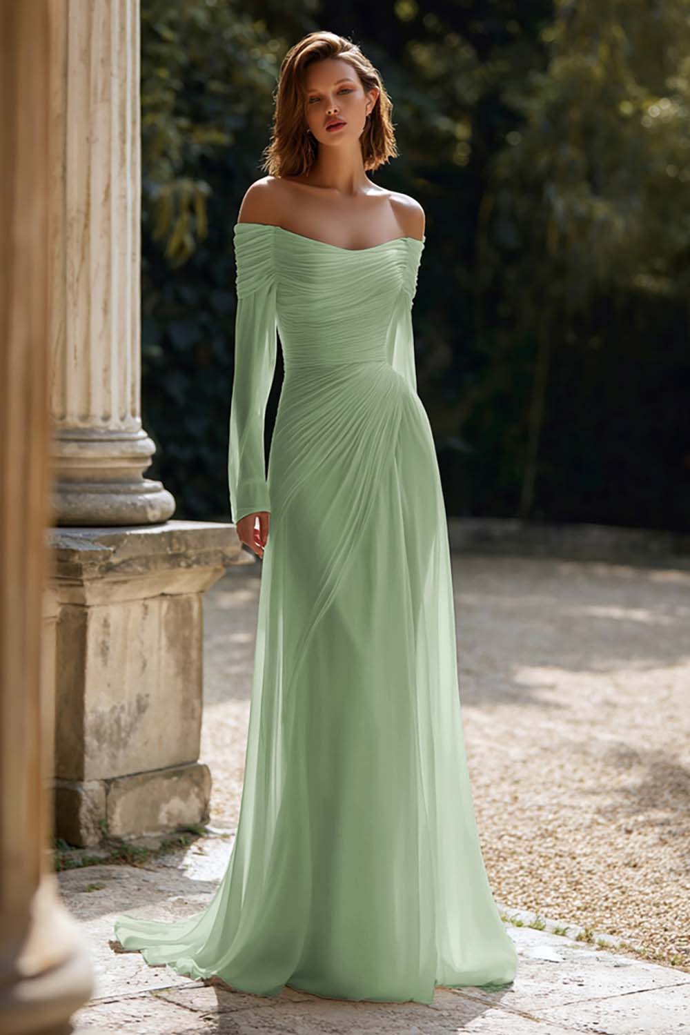 Ivory Ruched Long Sleeve Off The Shoulder Engagement Dress