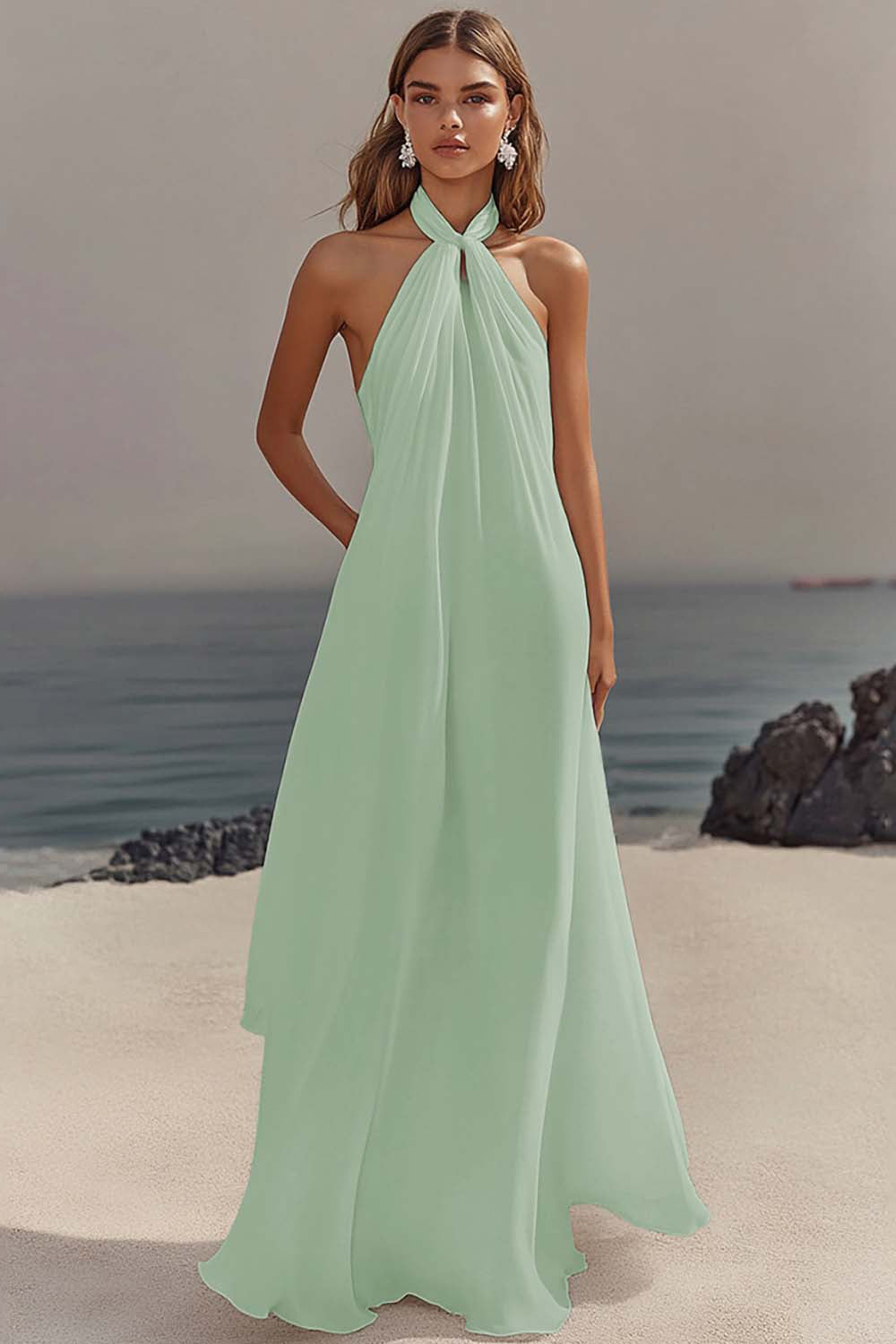 Halter White A-Line Maxi Engagement Dress