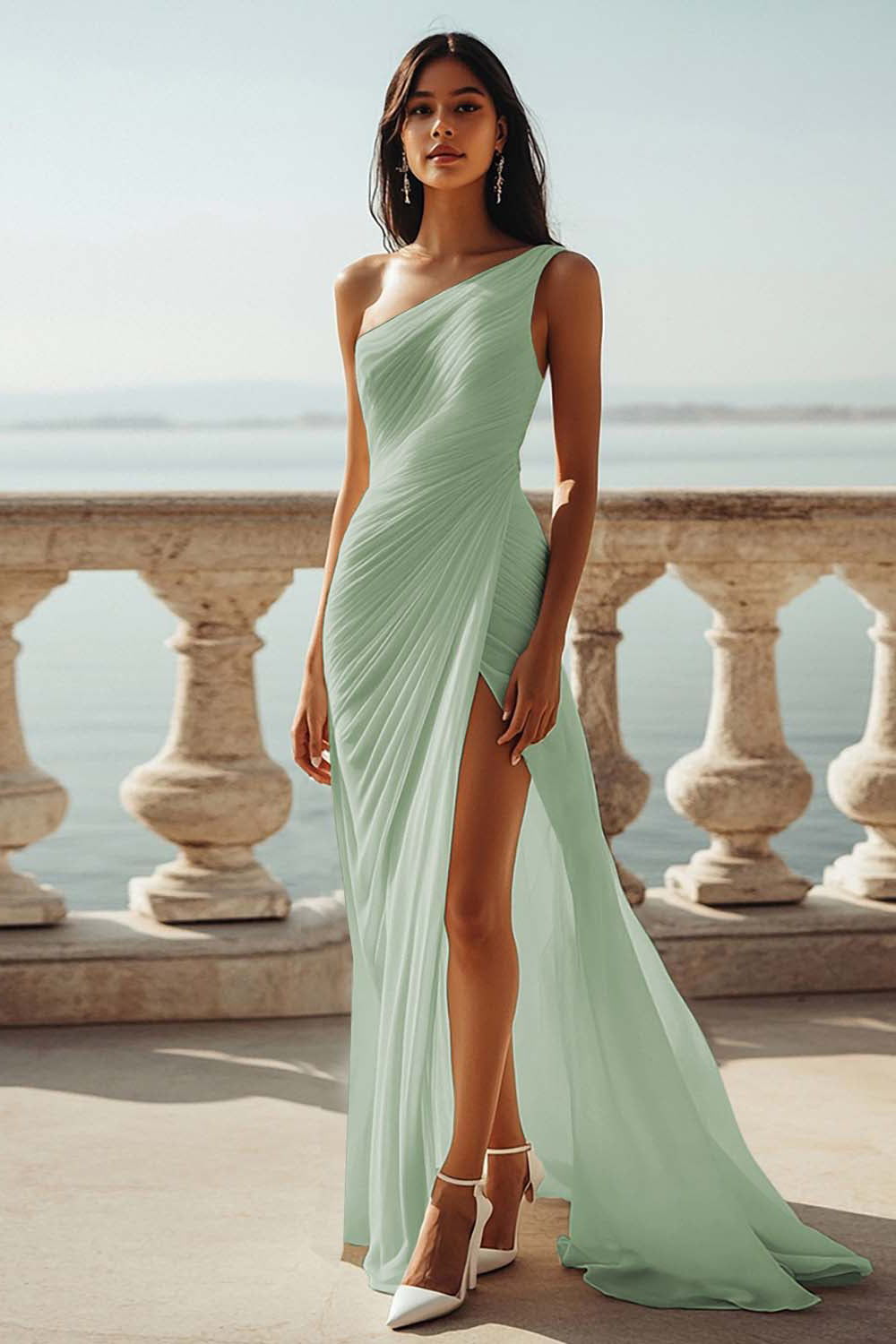 One Shoulder Ivory Ruched Engagement Dress with Slit