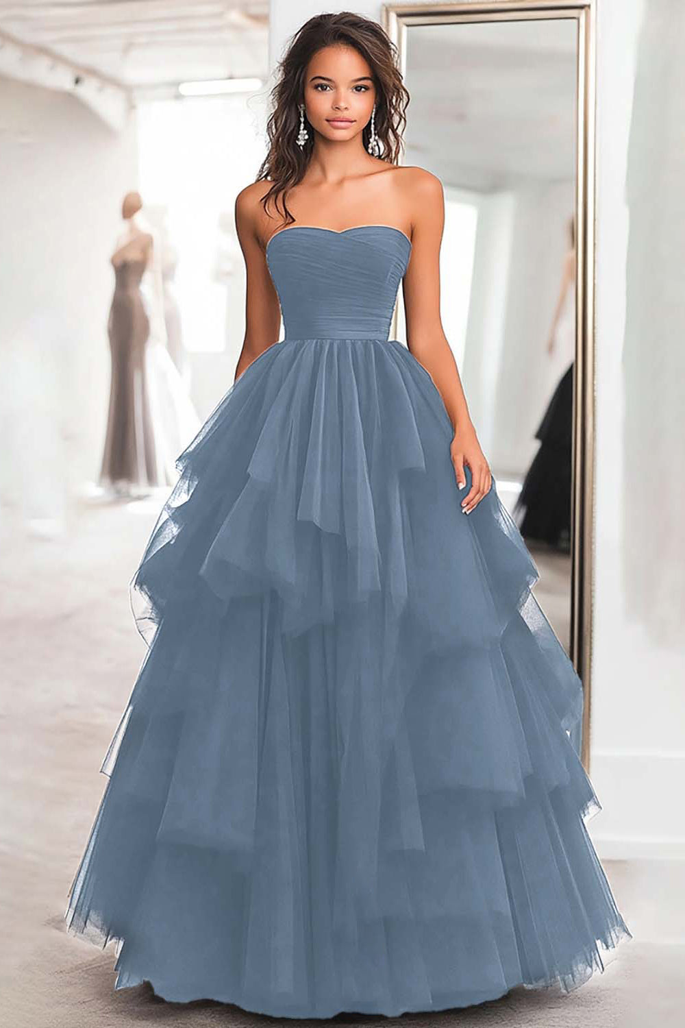 Princess Black Strapless Tulle Tiered Ruched Long Prom Dress