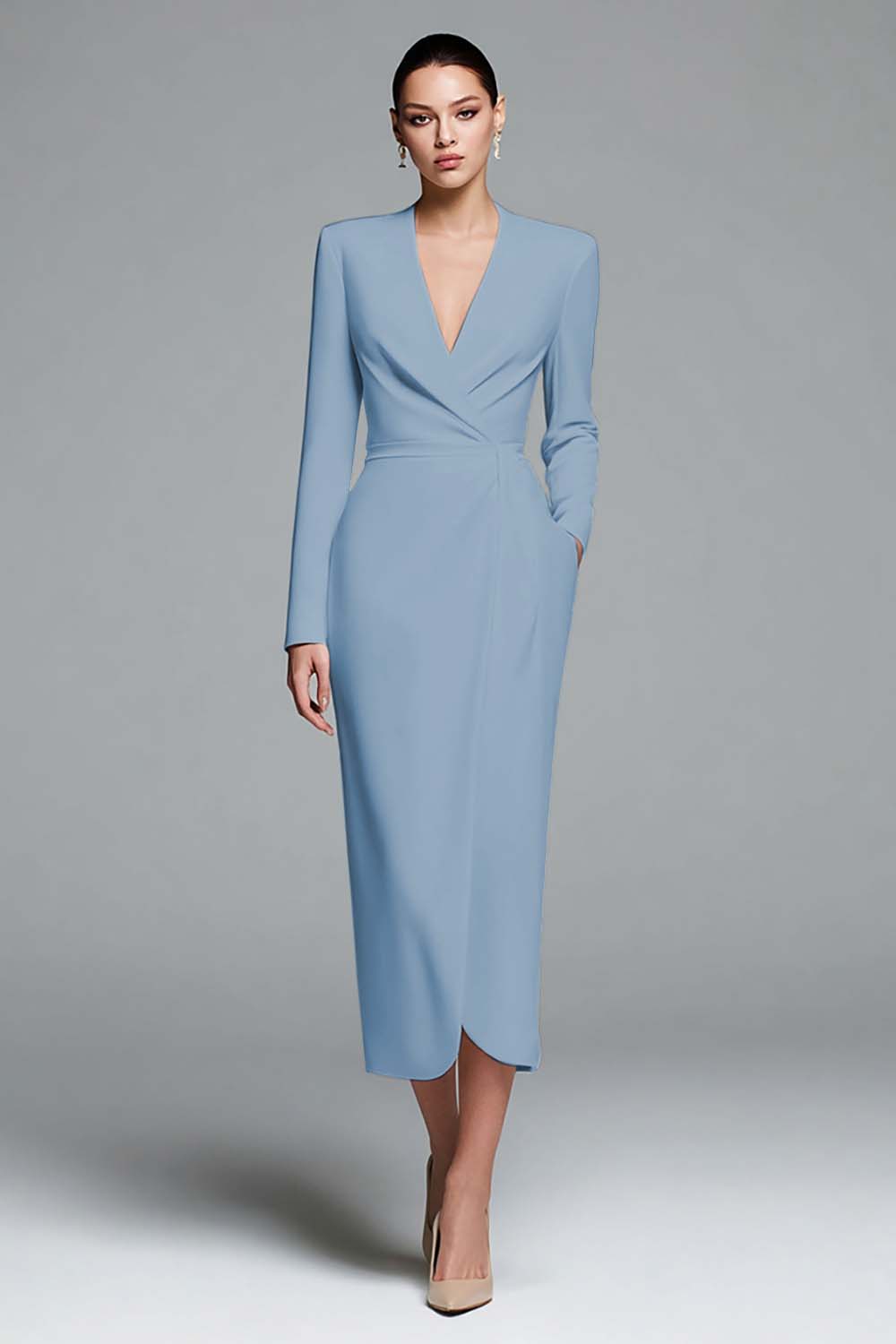 Ivory Sheath V-Neck Work Dress With Long Sleeves