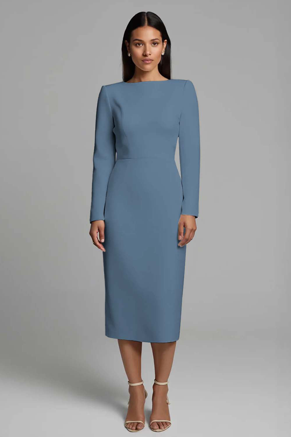 Ivory Sheath Long Sleeve Midi Work Dress with Slit