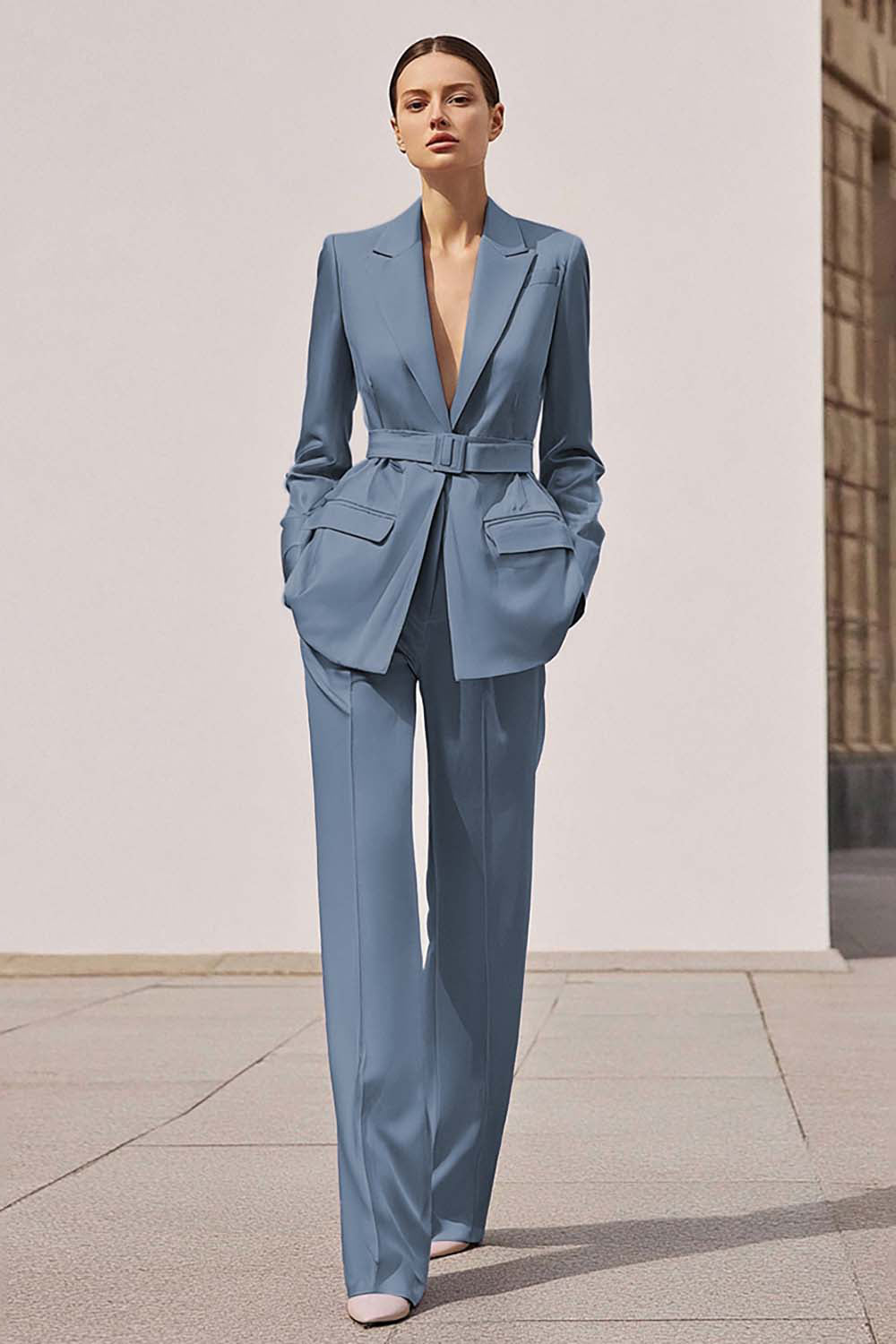 Lilac 2-Piece Peak Lapel Business Suit with Belt