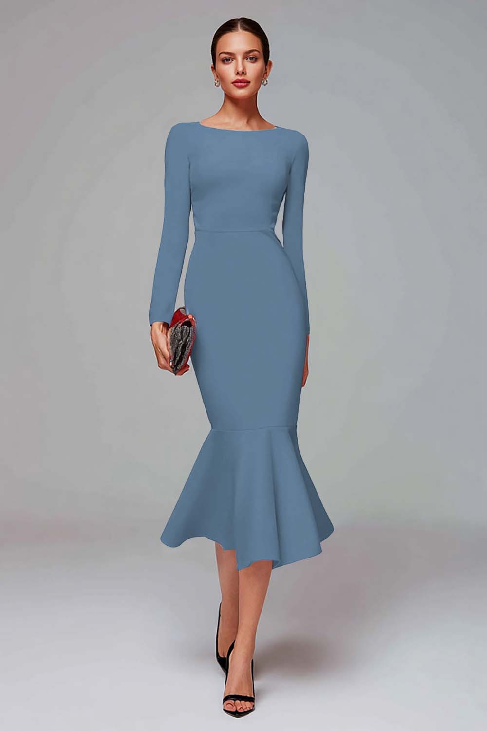 Red Mermaid Long Sleeve Midi Work Dress