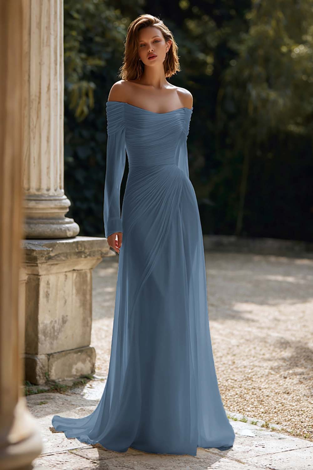 Ivory Ruched Long Sleeve Off The Shoulder Engagement Dress