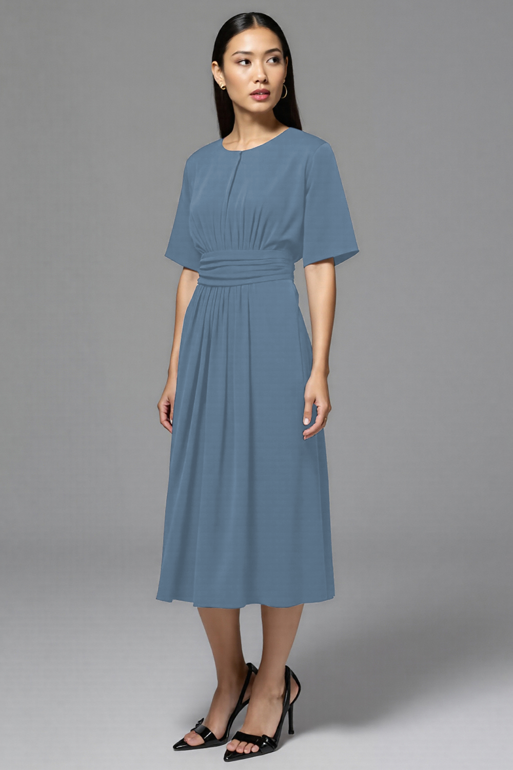 Navy A Line Round Neck Midi Work Dress