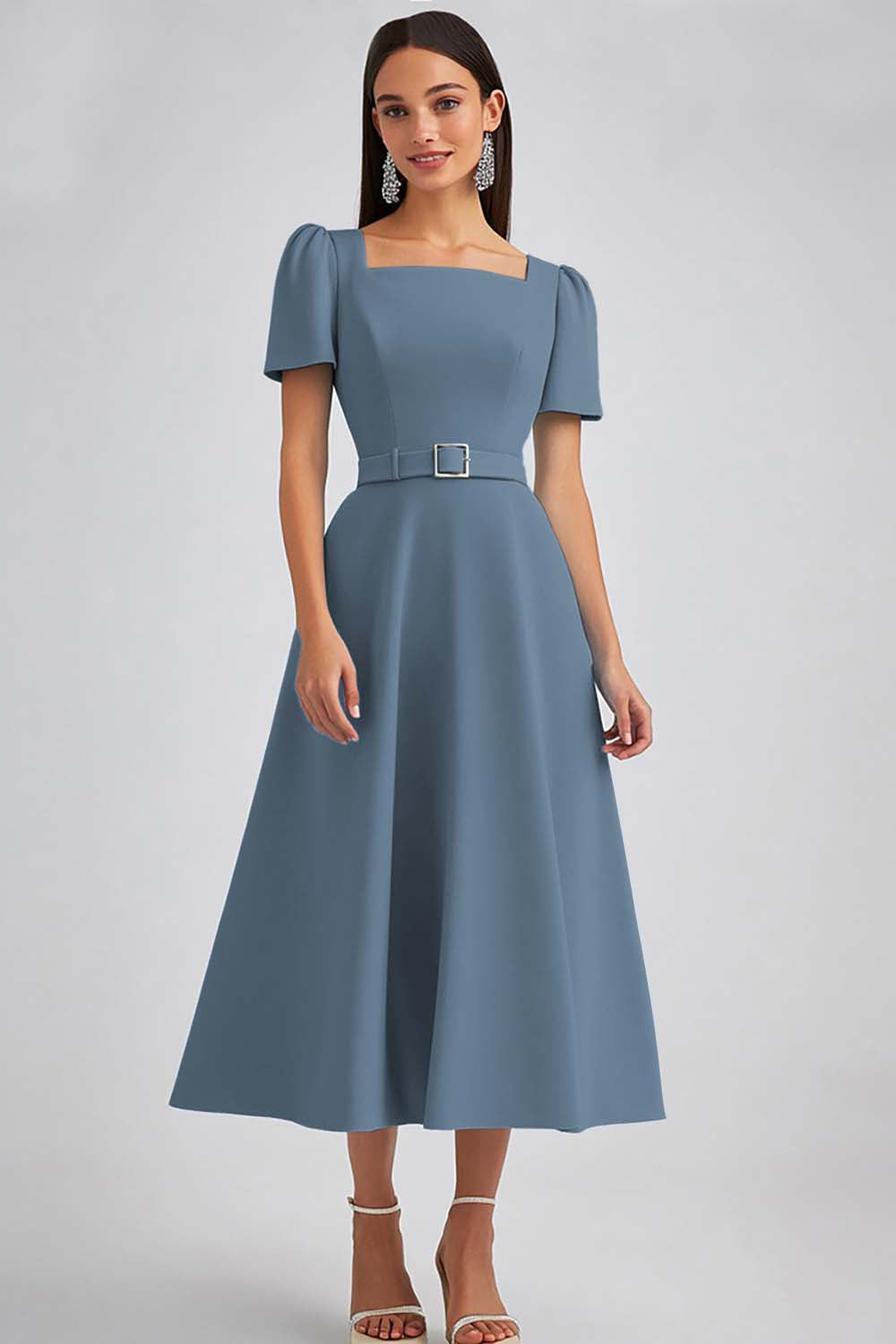 A Line Sky Blue Square Neck Midi Work Dress with Belt
