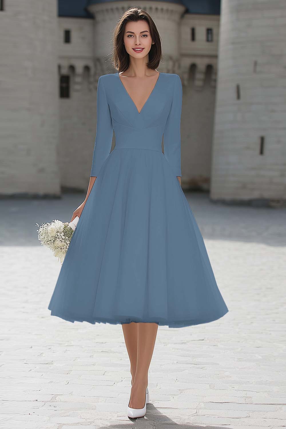 Ivory V-Neck A-Line Satin Engagement Dress With 3/4 Sleeves