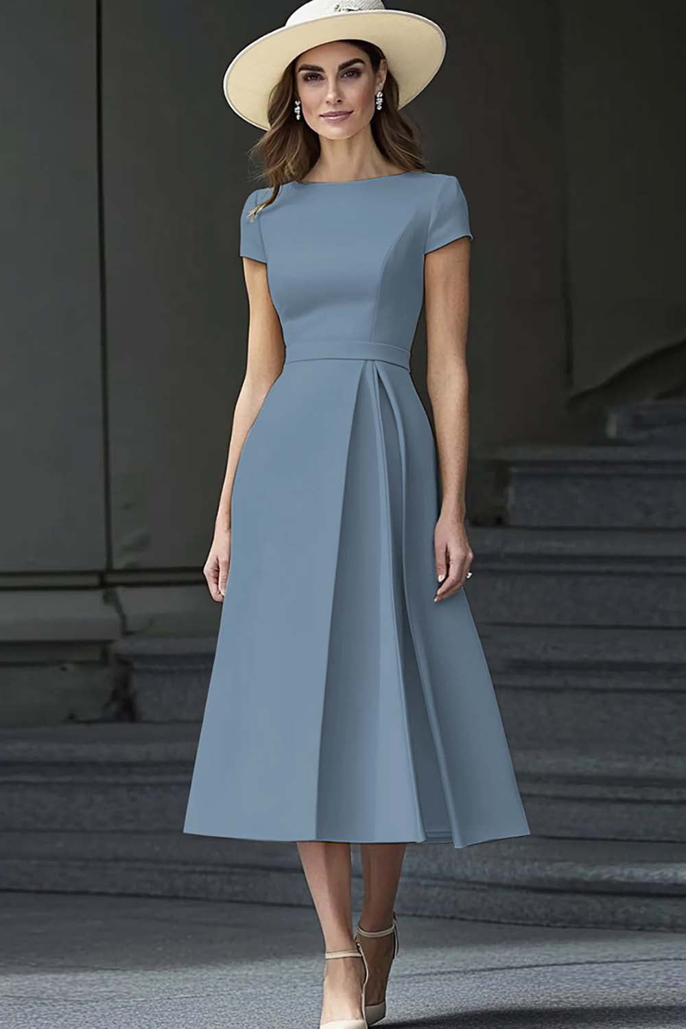Yellow A Line Round Neck Midi Mother of the Bride Dress