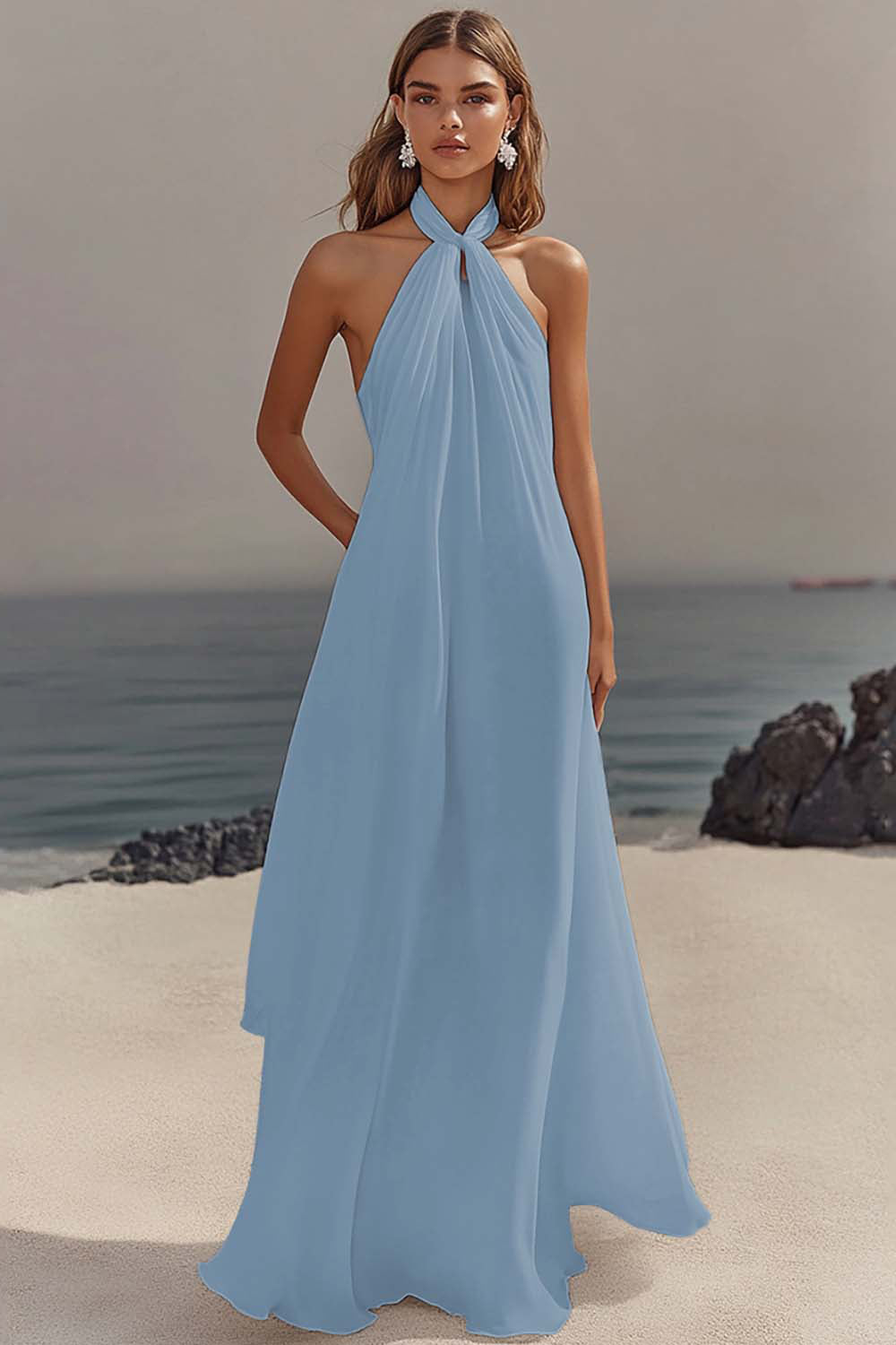 Halter White A-Line Maxi Engagement Dress