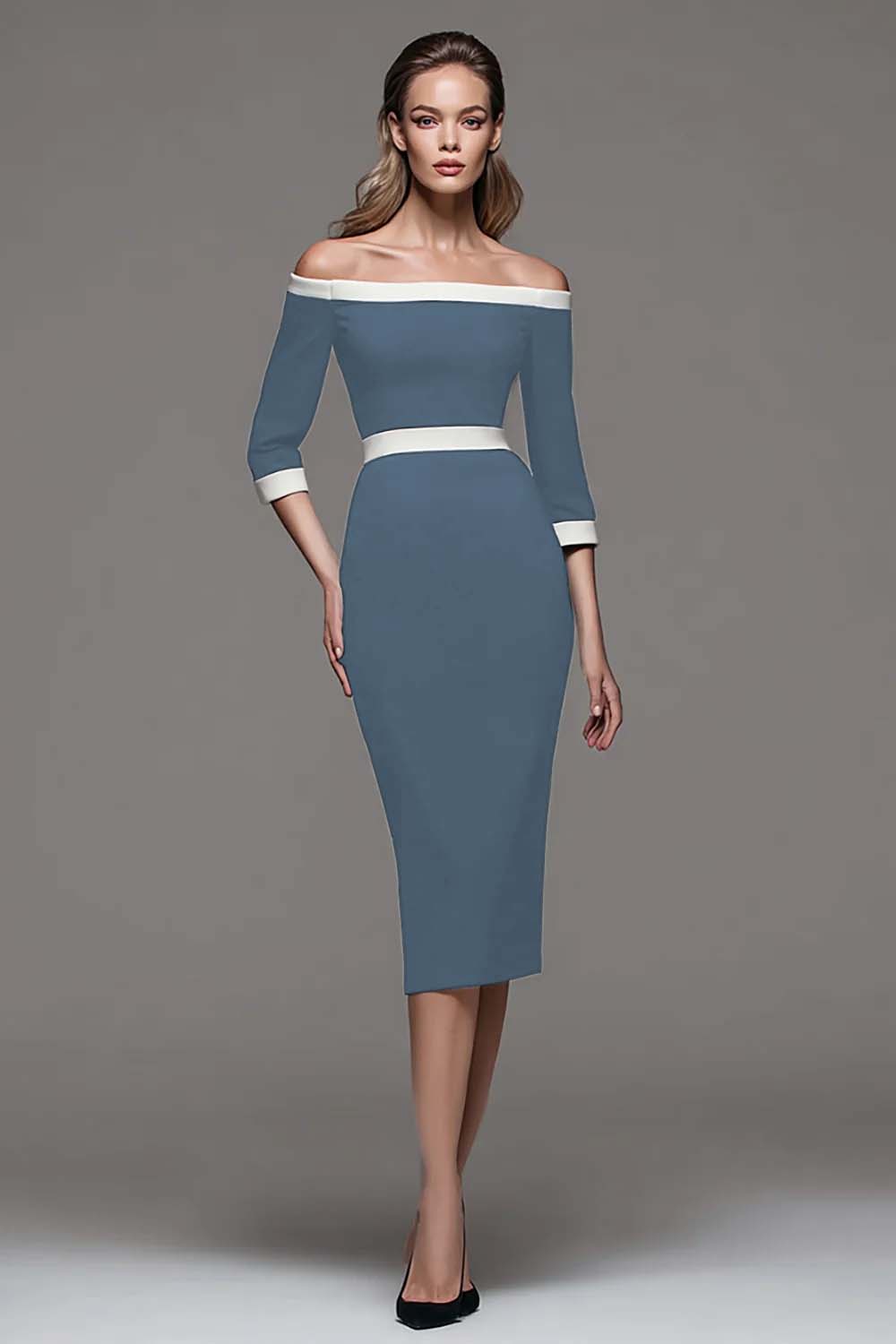Off The Shoulder Black and White Pencil Work Dress