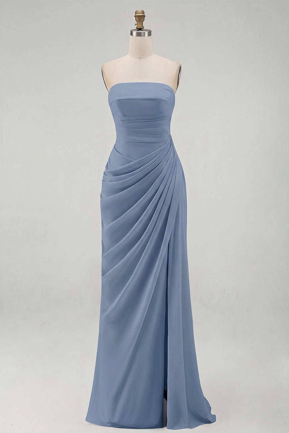 Light Pink Strapless Ruched Sheath Prom Dress with Slit