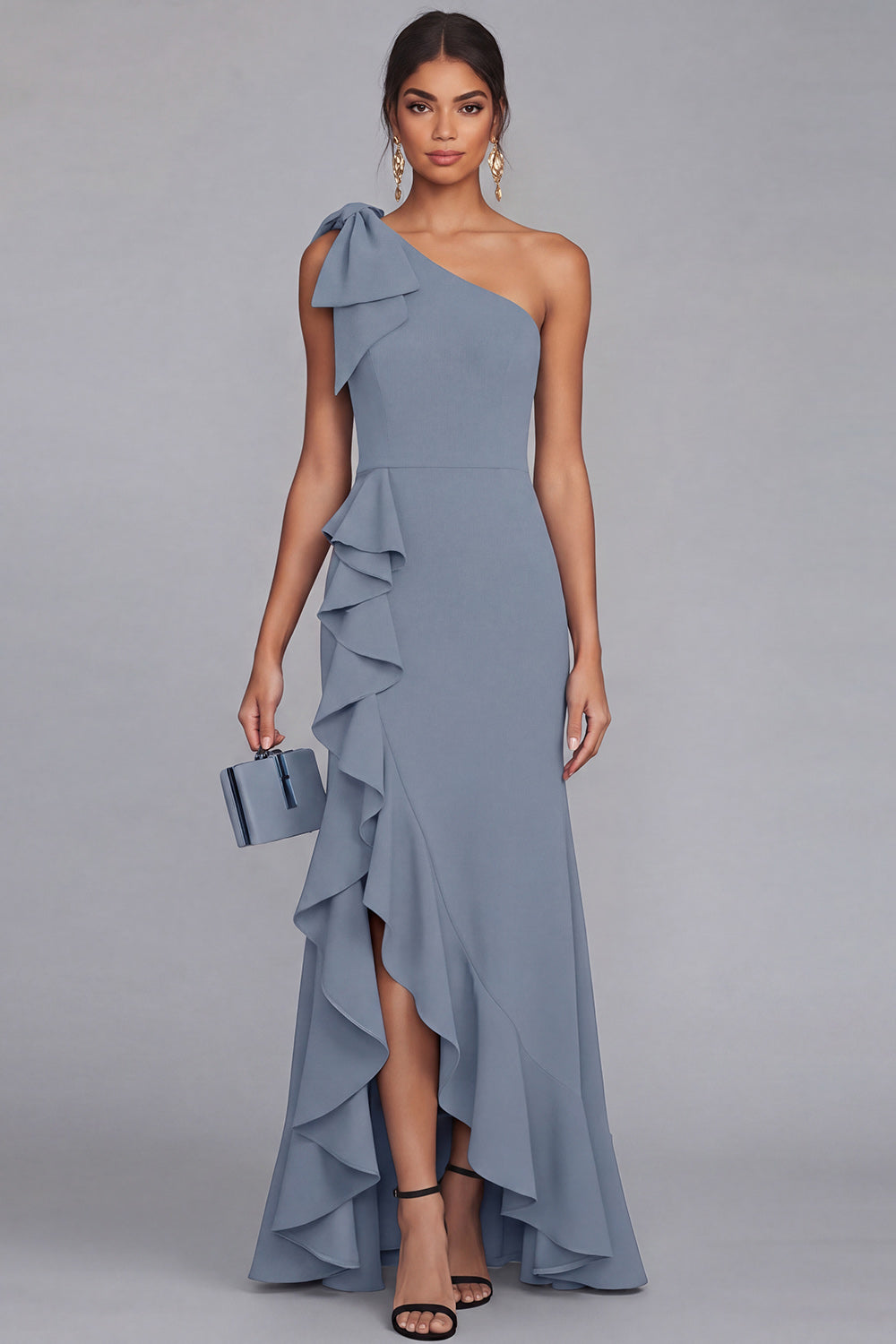 One Shoulder Black Mermaid Bowed Formal Dress with Ruffles