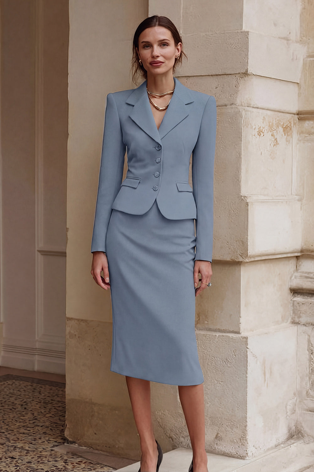 2 Piece Black Notched Lapel Pencil Single Breasted Work Dress