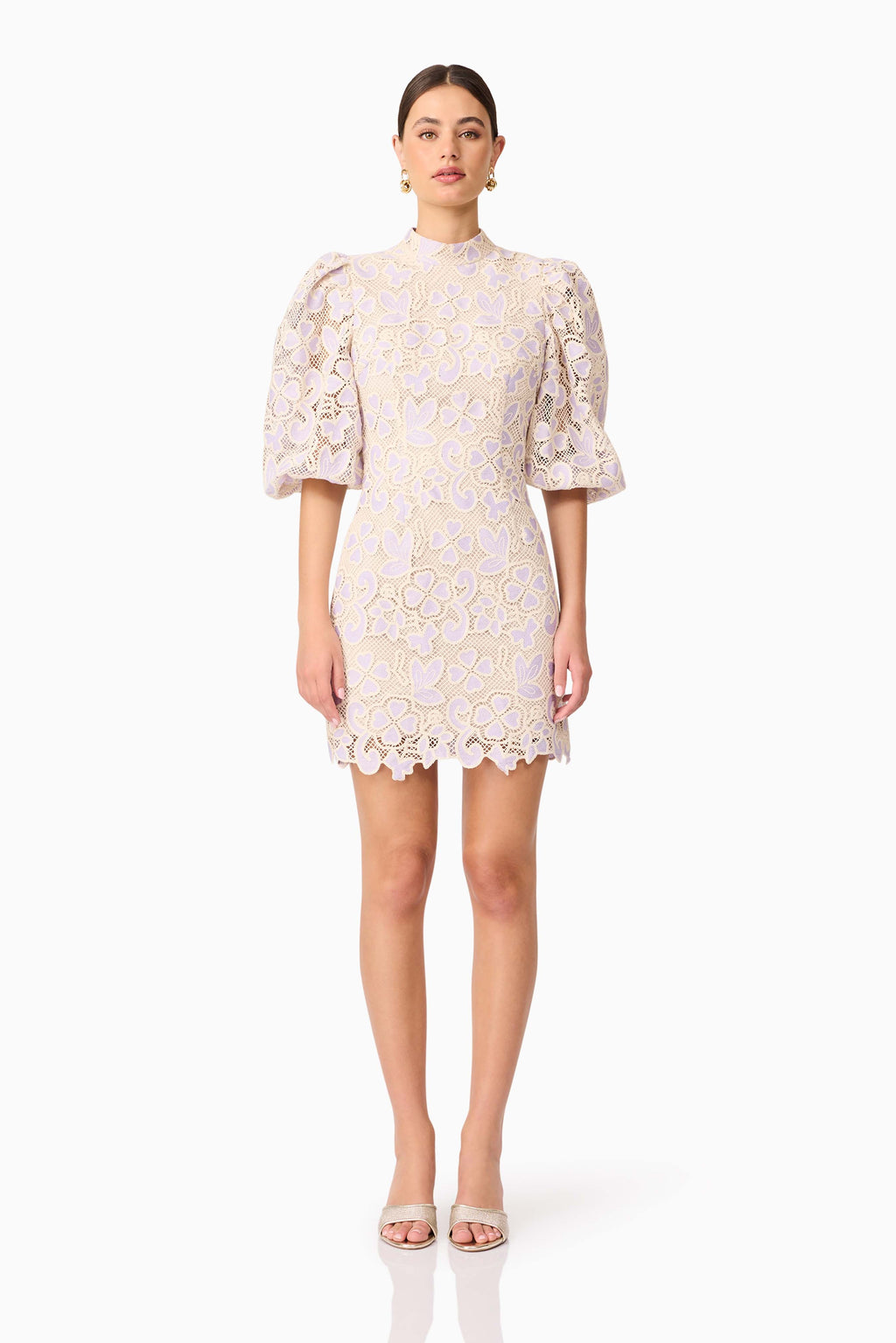 Jasmine Puff Sleeve Mini Dress in Purple & Beige