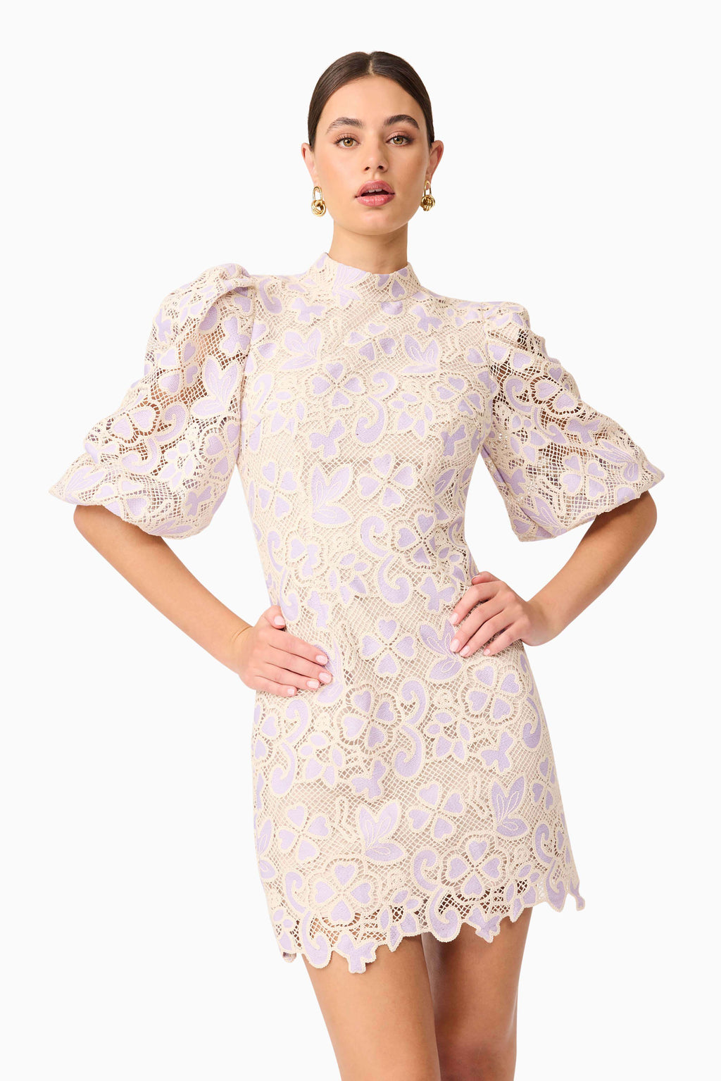 Jasmine Puff Sleeve Mini Dress in Purple & Beige
