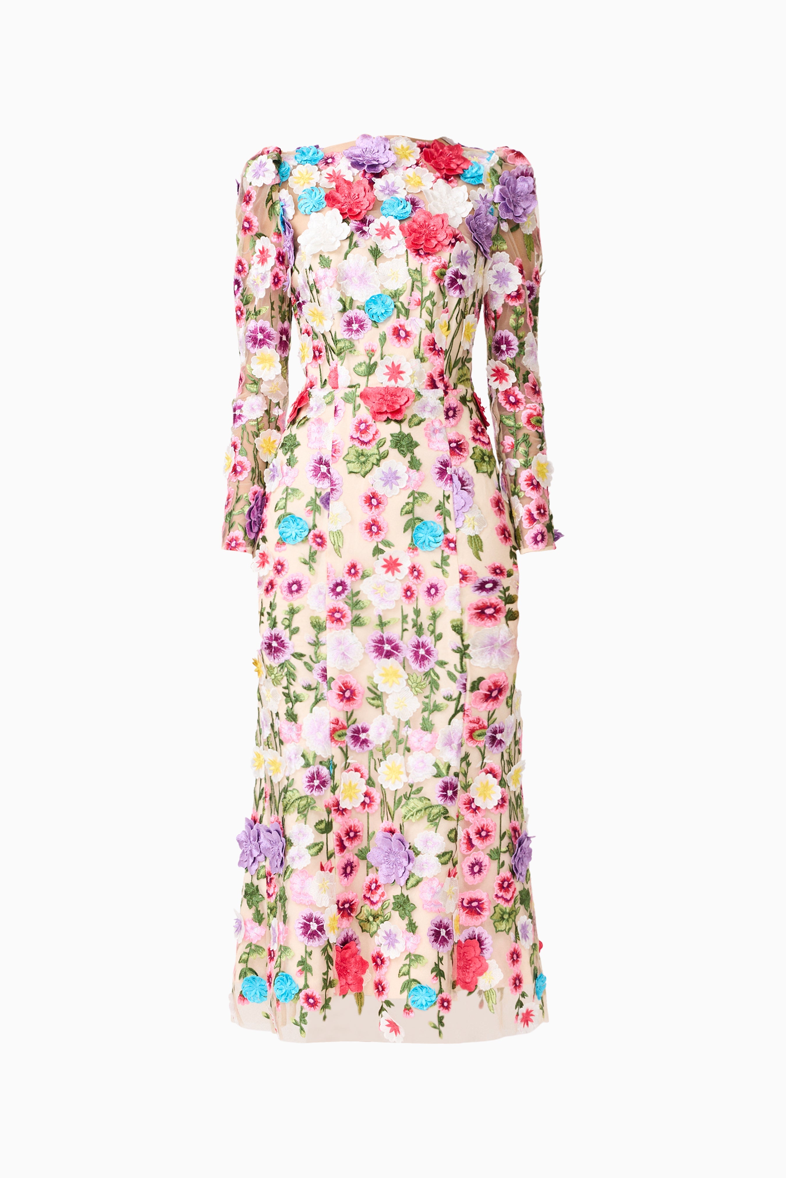 Rosette Long Sleeve Midi Dress in Multi Floral