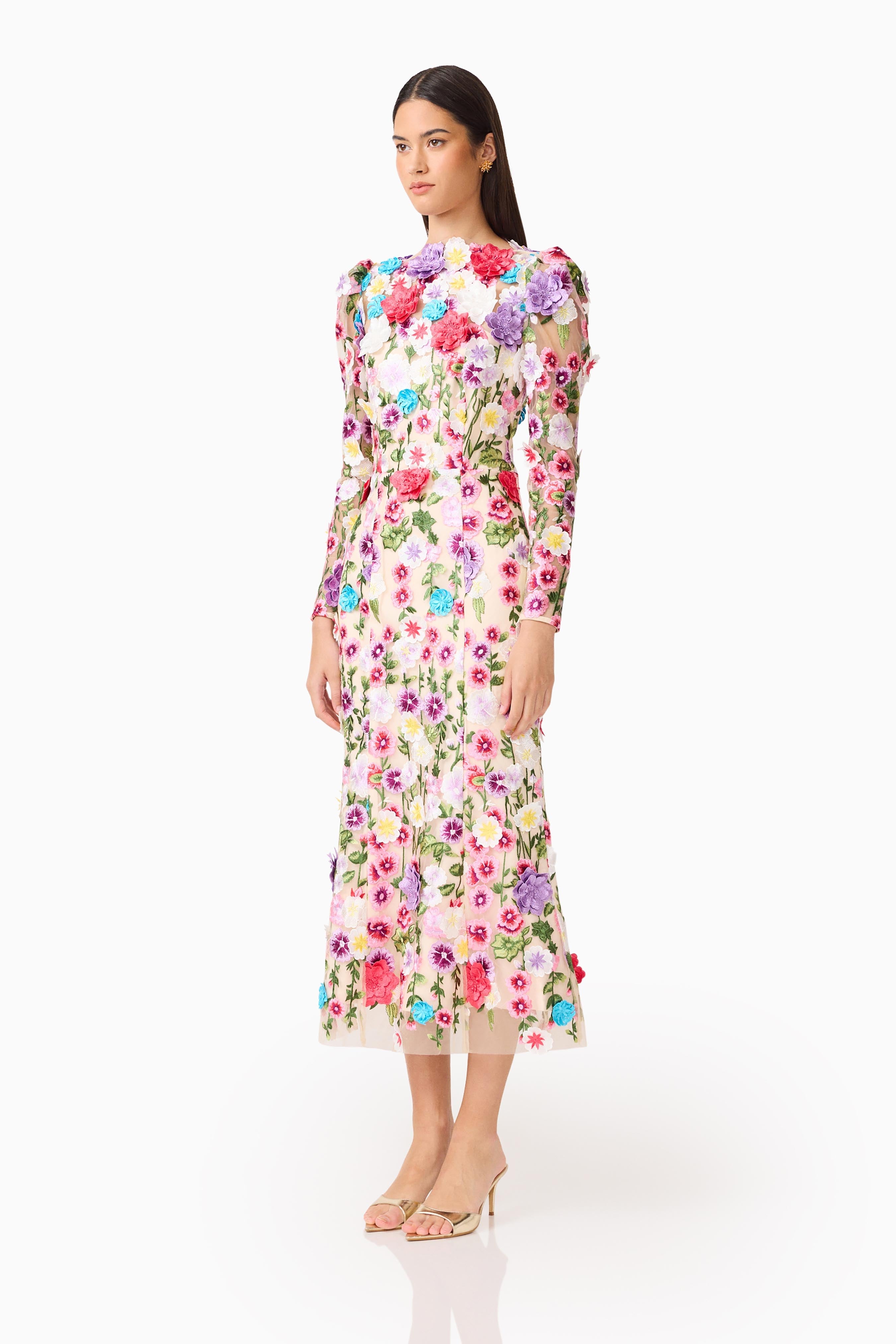 Rosette Long Sleeve Midi Dress in Multi Floral