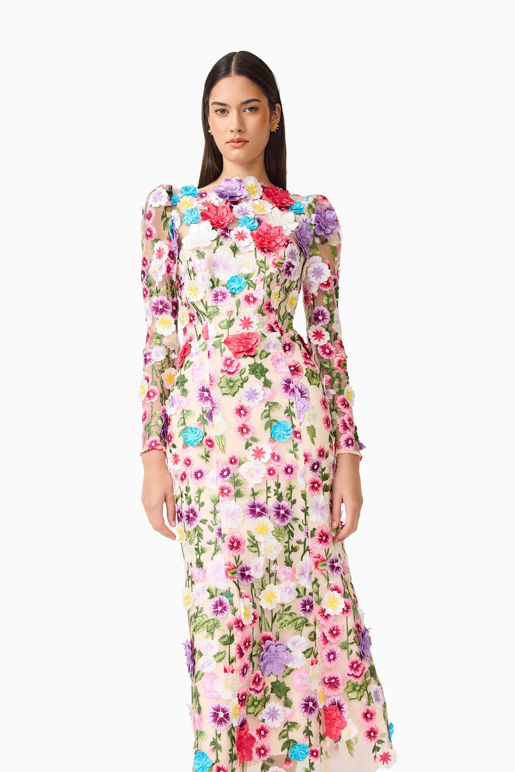 Rosette Long Sleeve Midi Dress in Multi Floral
