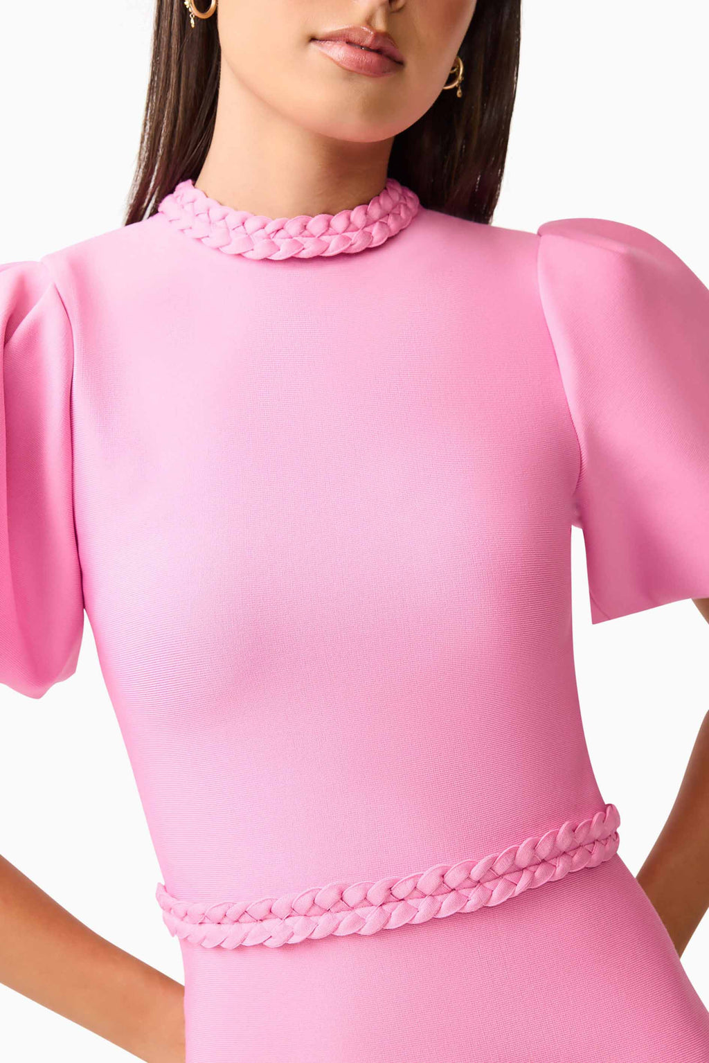 Coralene Puff Sleeve Midi Dress in Pink