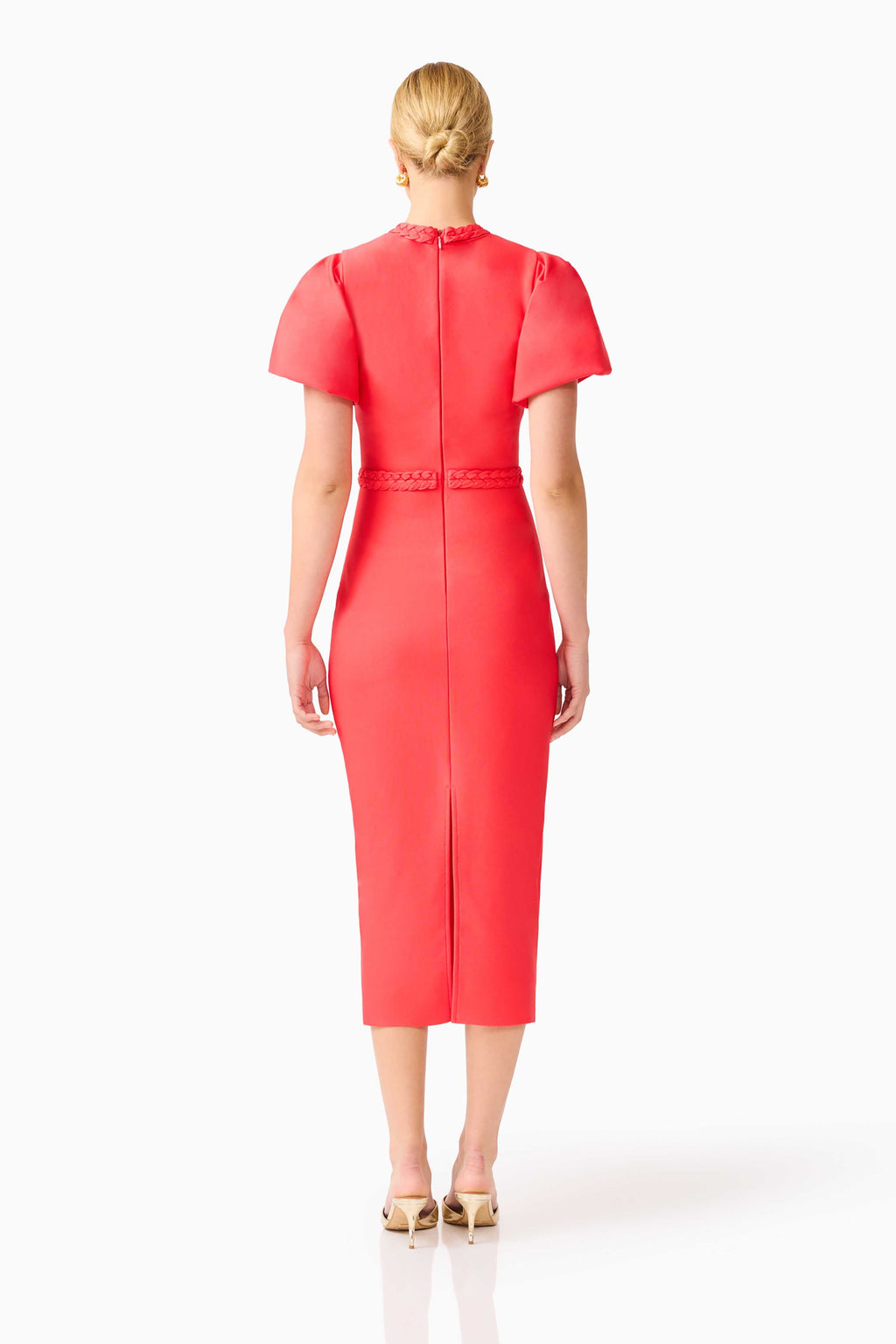 Coralene Puff Sleeve Midi Dress in Red