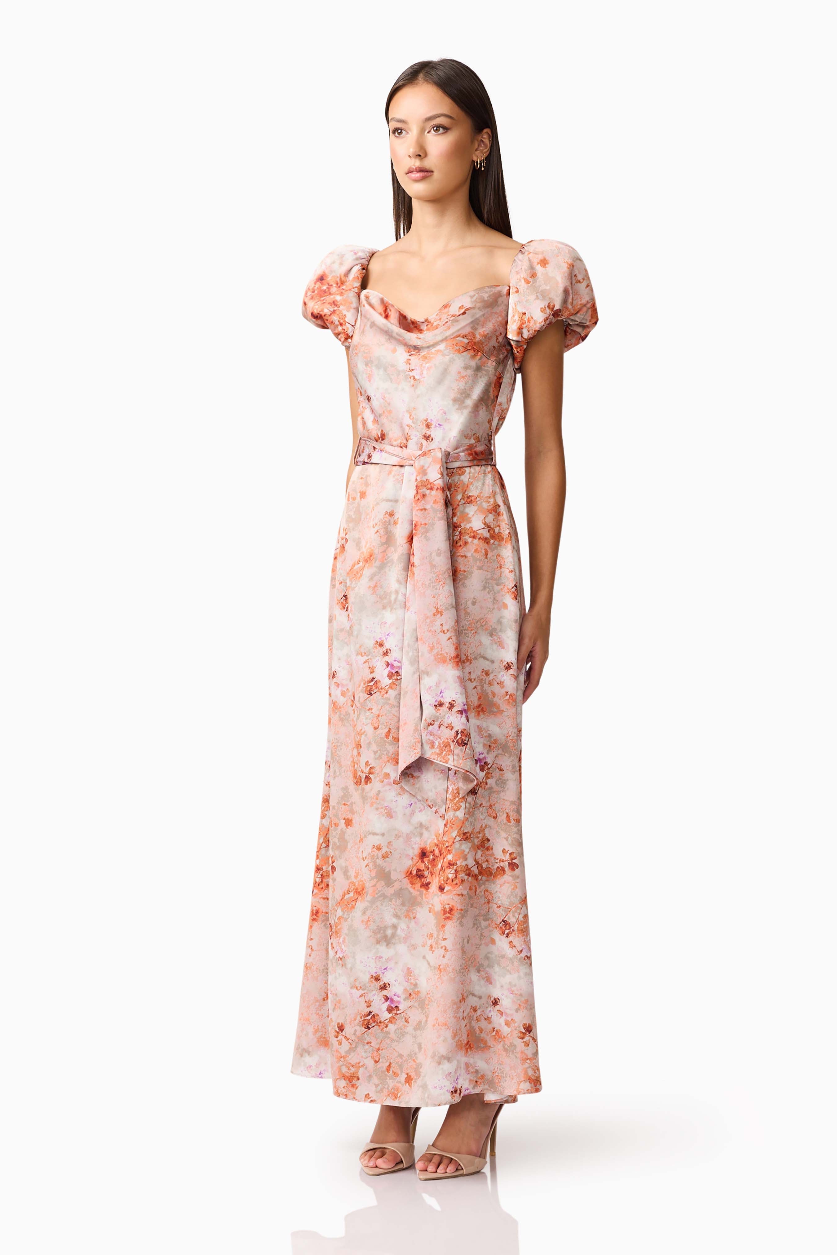 Piper Puff Sleeve Maxi Dress in Orange Floral