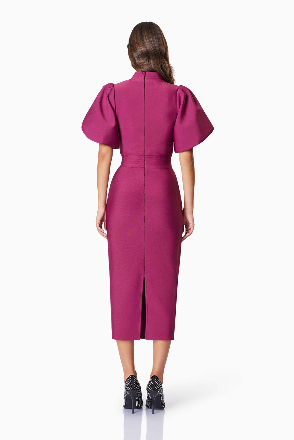 Ella Puff Sleeve Midi Dress In Burgundy