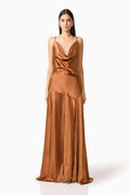 Clementine Cowl Neck Gown in Toffee Brown