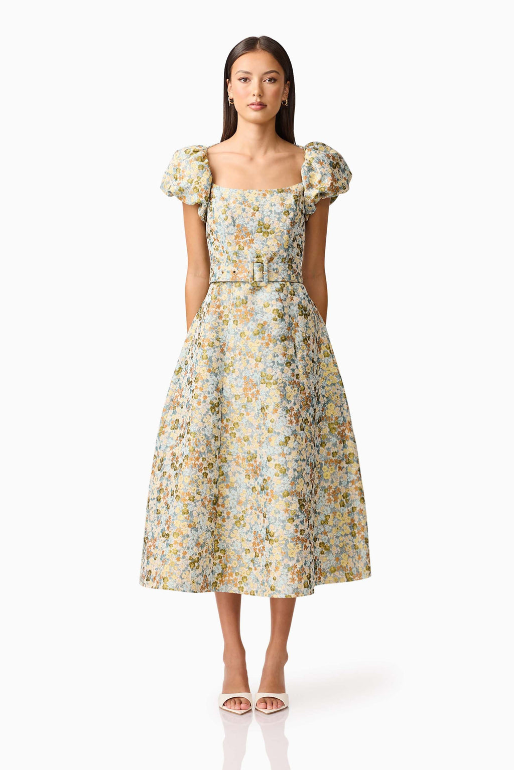 Tasmin Puff Sleeve Midi Dress in Blue & Yellow Floral