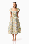 Tasmin Puff Sleeve Midi Dress in Blue & Yellow Floral