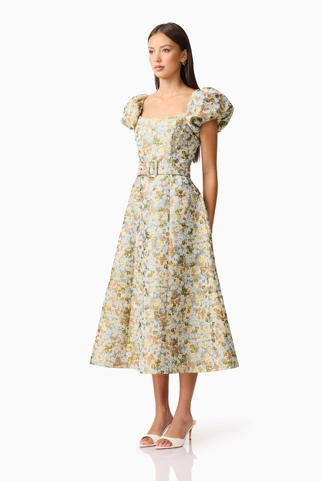 Tasmin Puff Sleeve Midi Dress in Blue & Yellow Floral