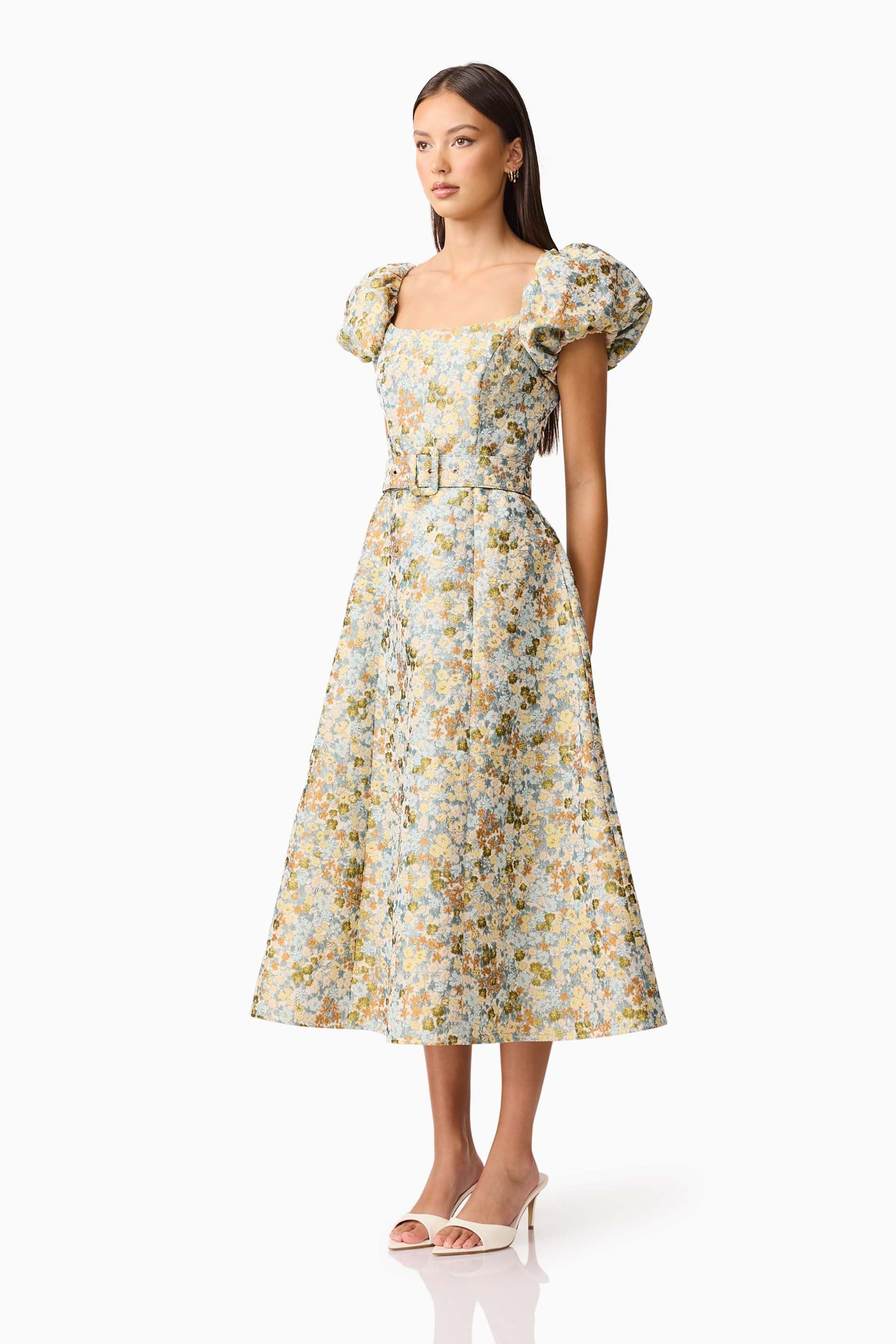 Tasmin Puff Sleeve Midi Dress in Blue & Yellow Floral