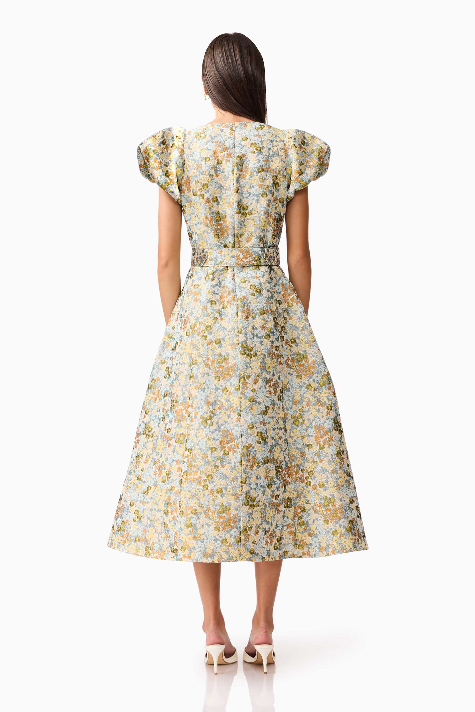 Tasmin Puff Sleeve Midi Dress in Blue & Yellow Floral