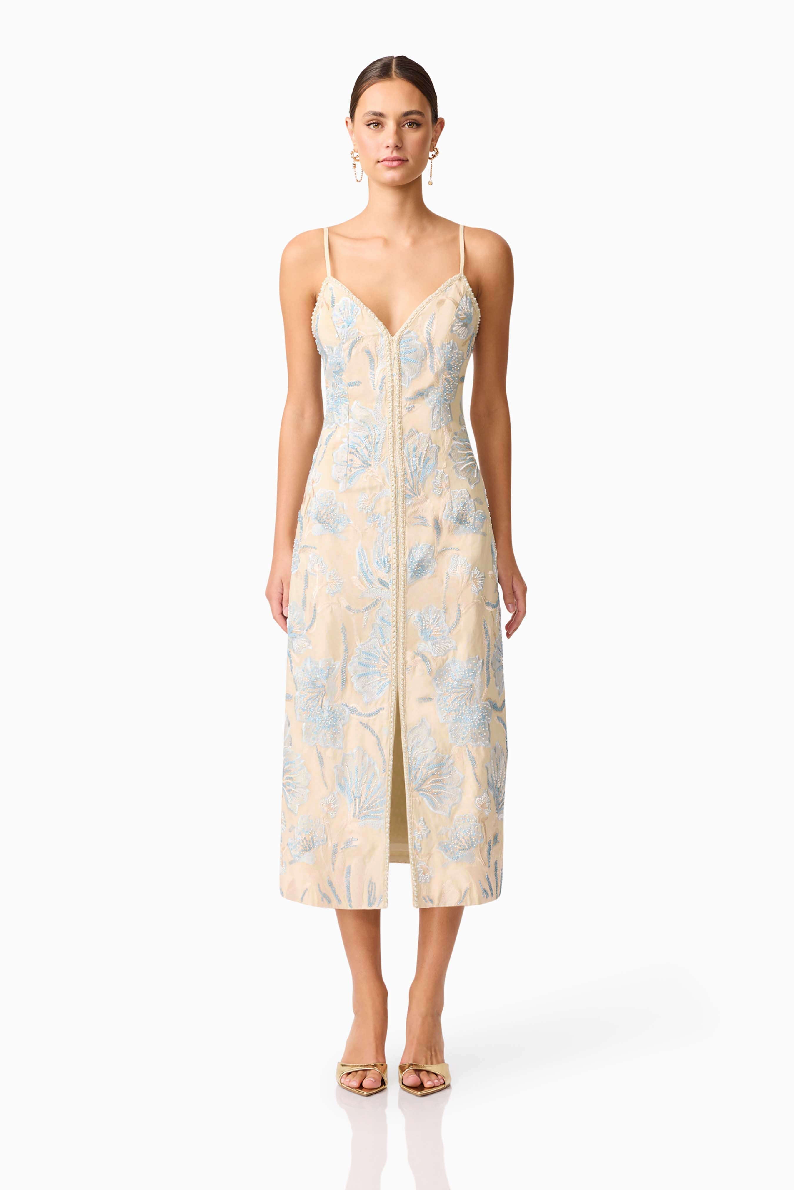 Nia Embroidered Midi Dress in Biege