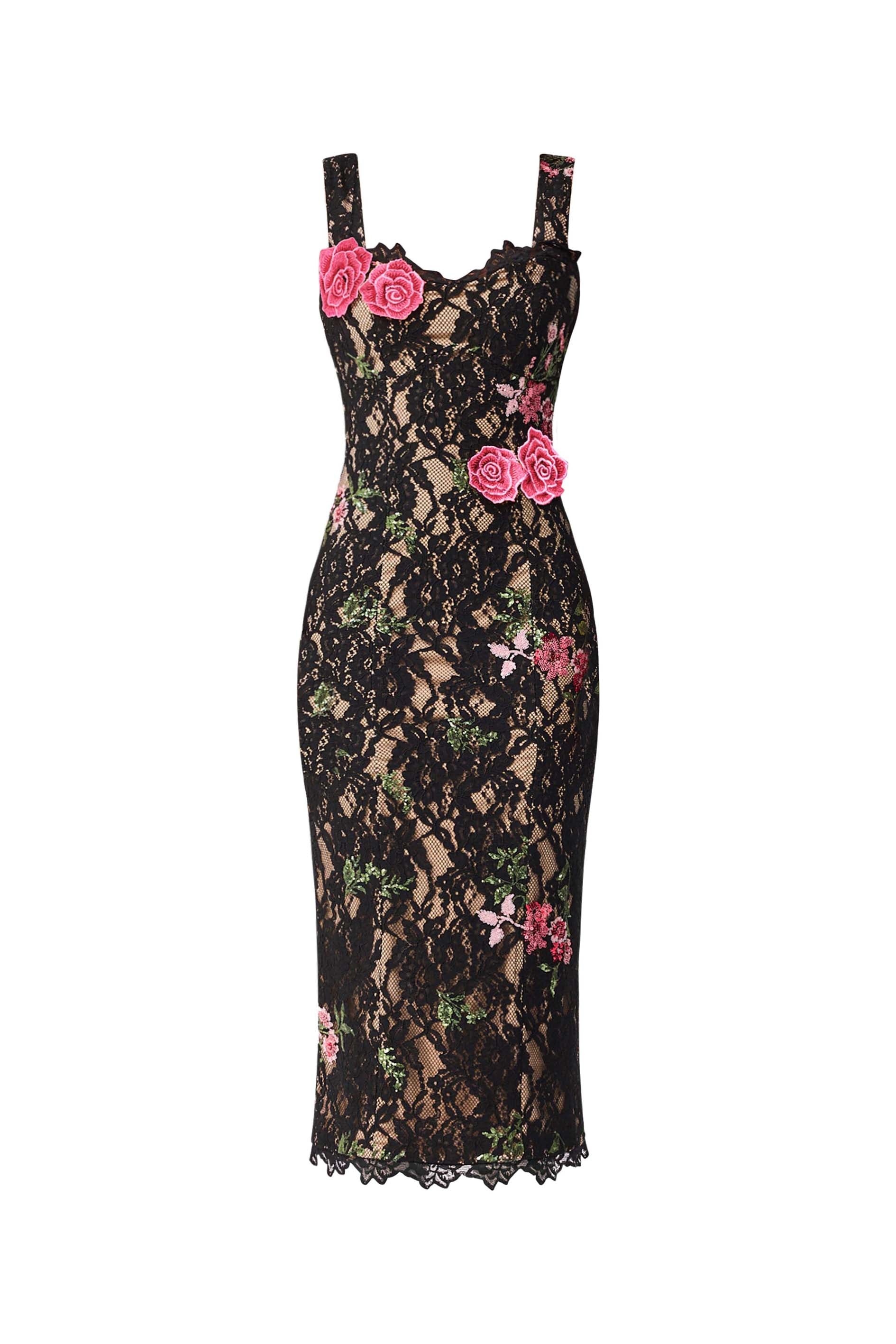 Morgaine Lace Midi Dress in Black