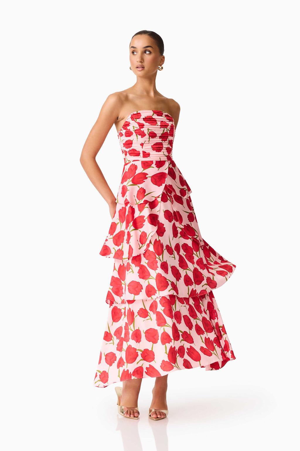 Melia Tiered Gown in Pink & Red Floral