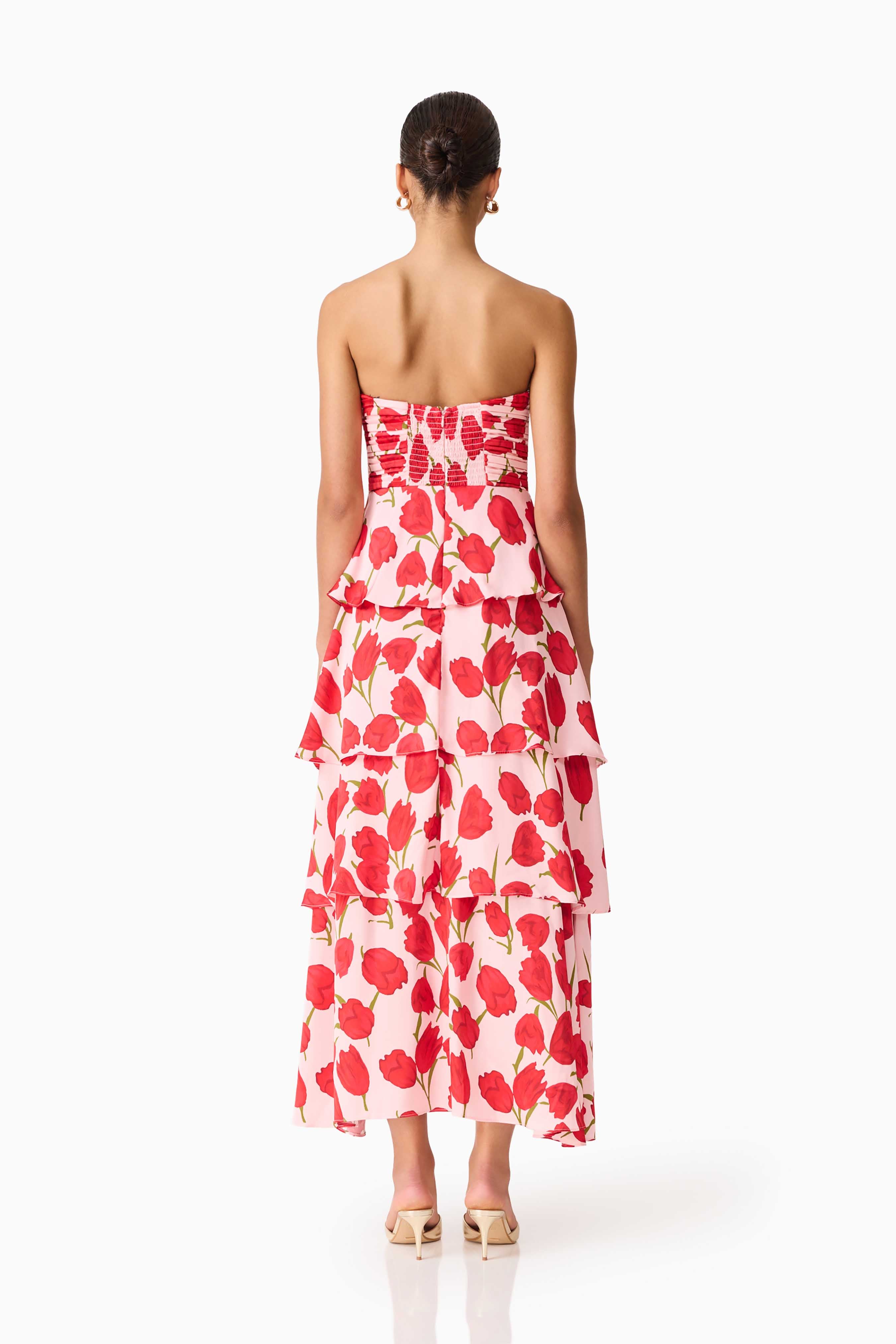 Melia Tiered Gown in Pink & Red Floral