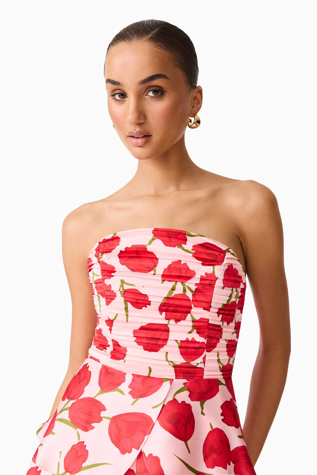 Melia Tiered Gown in Pink & Red Floral