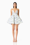 Cleo Tiered Mini Dress in White & Blue Floral