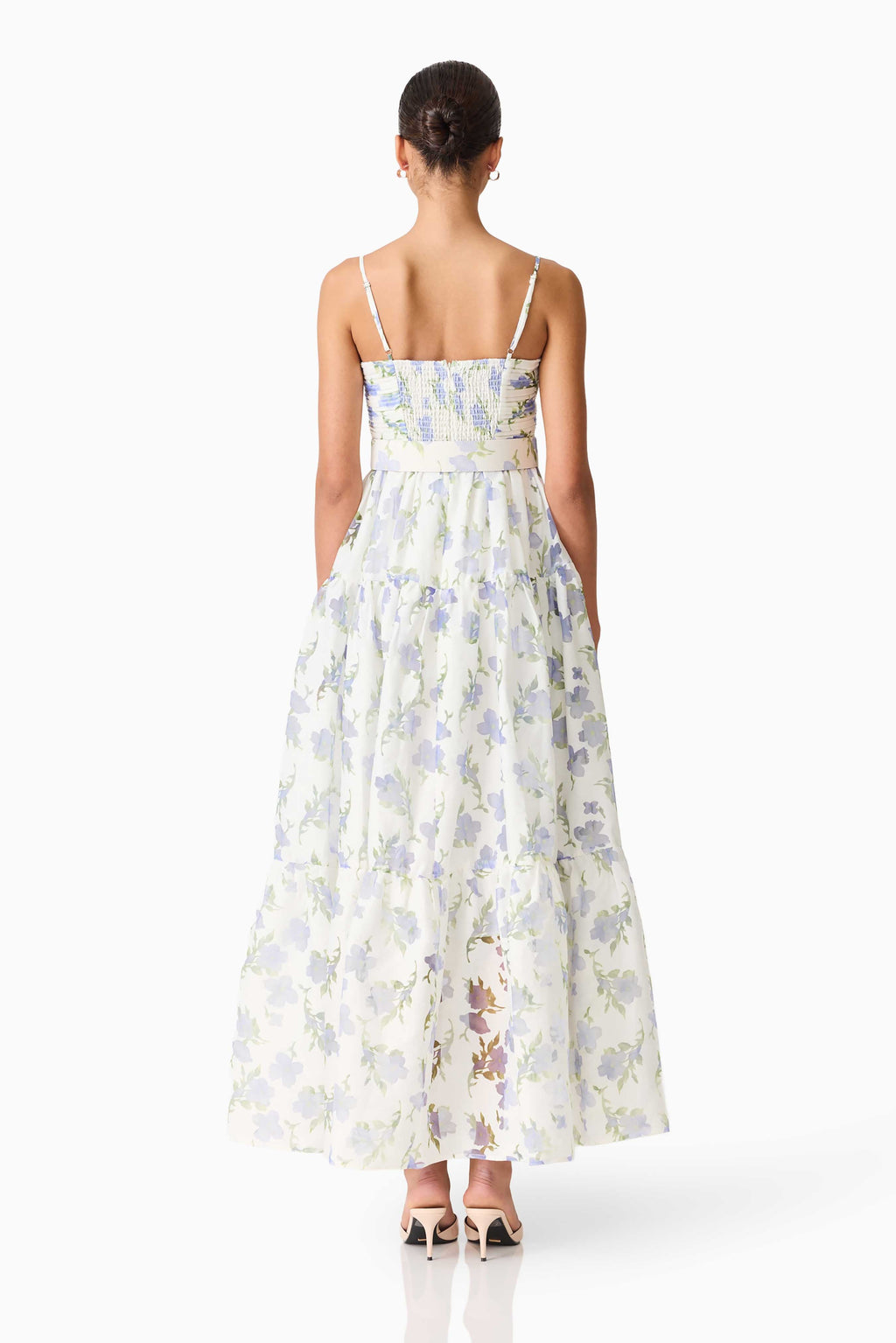 Cleo A-line Gown in White & Blue Floral