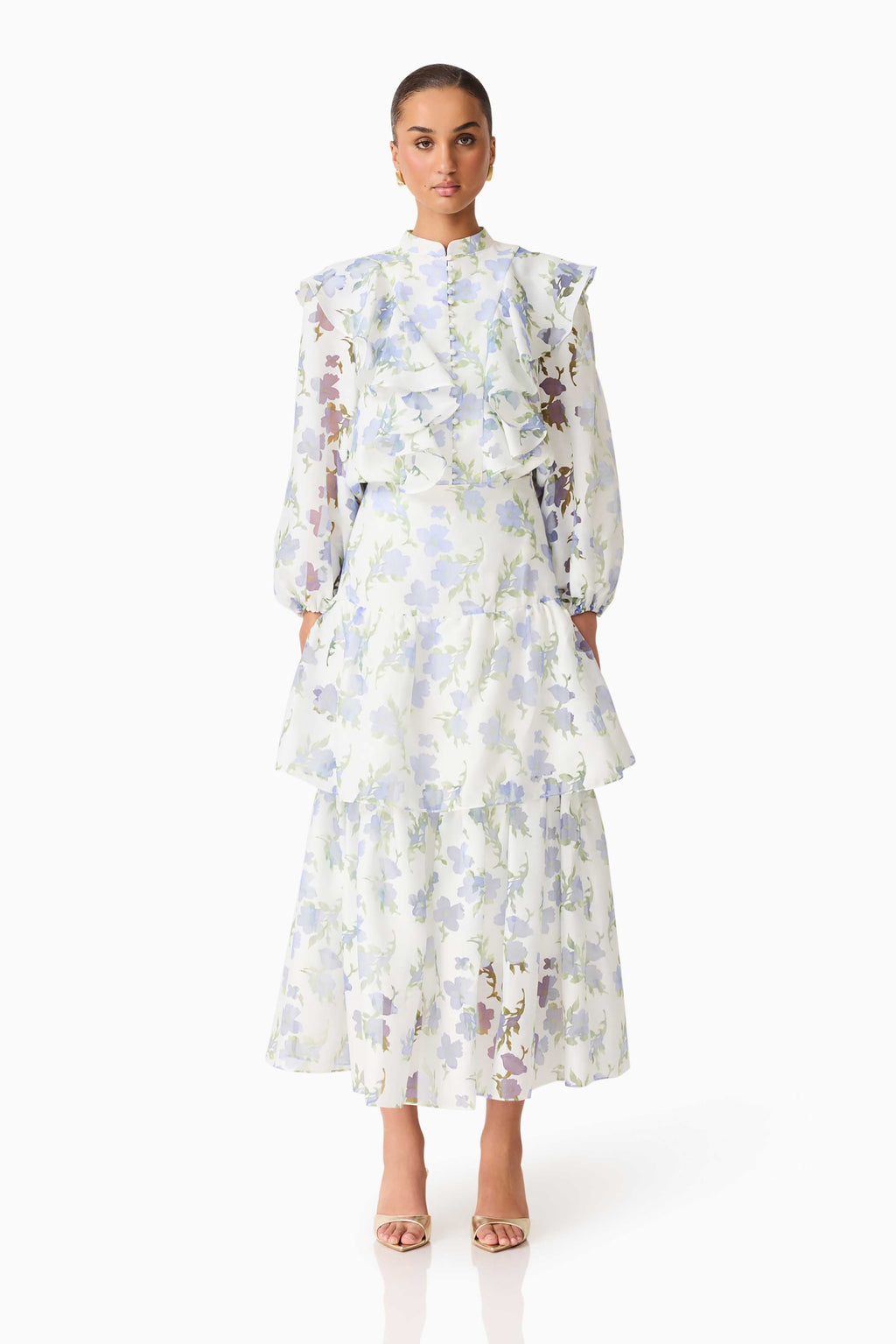 Cleo Top & Skirt Set in White & Blue Floral