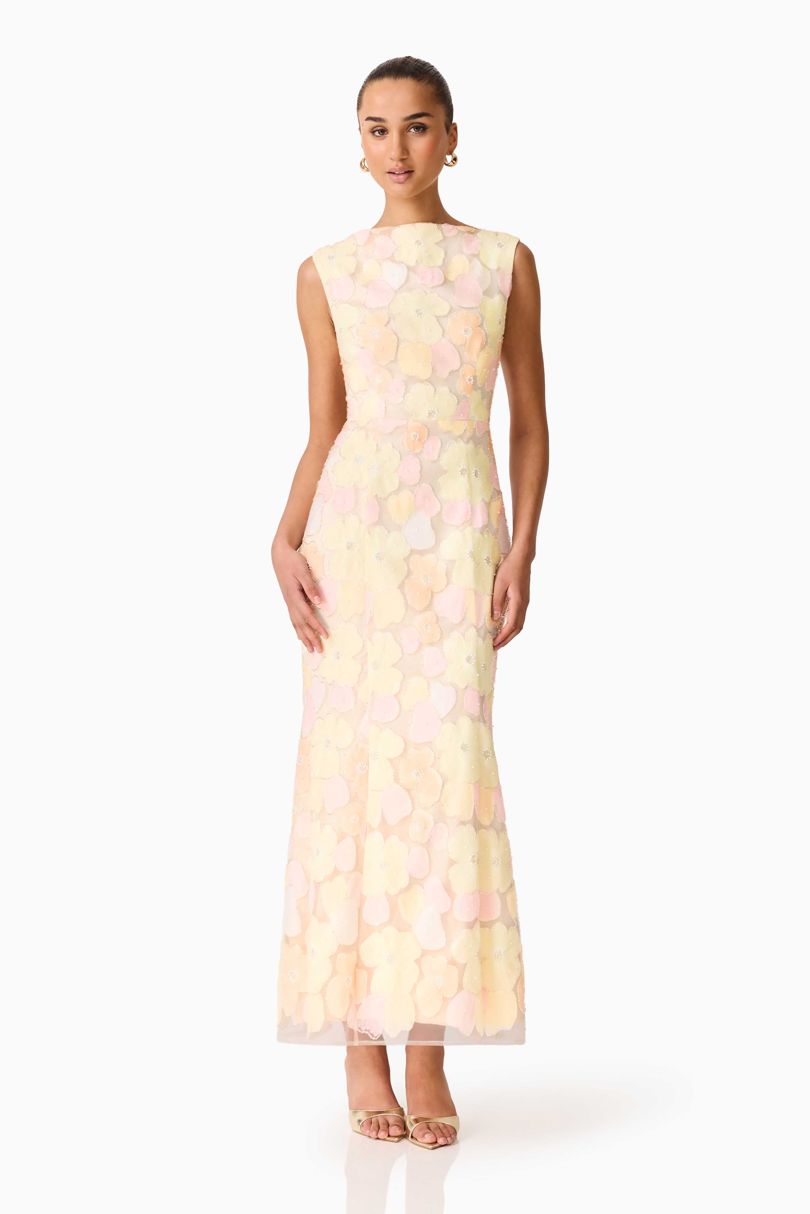Zaria Sleevless Gown in Yellow Floral
